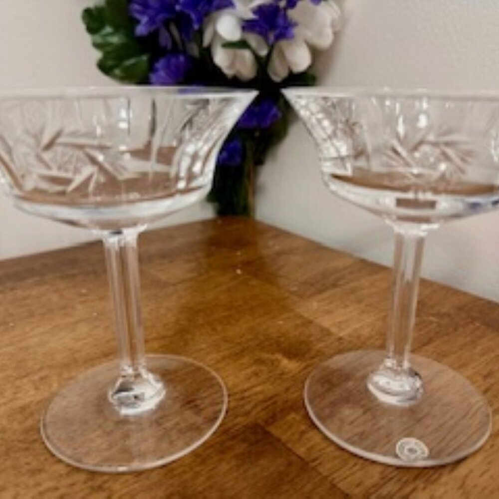 Val St Lambert Belgian Crystal Coupe Glasses‎ – Set of 2 - Hand-Cut Crystal
